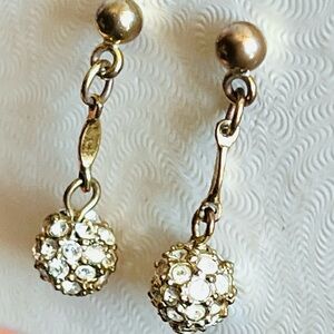 Vintage Goldtone Pierced Post Earrings Rhinestone Encrusted Spheres Dangles